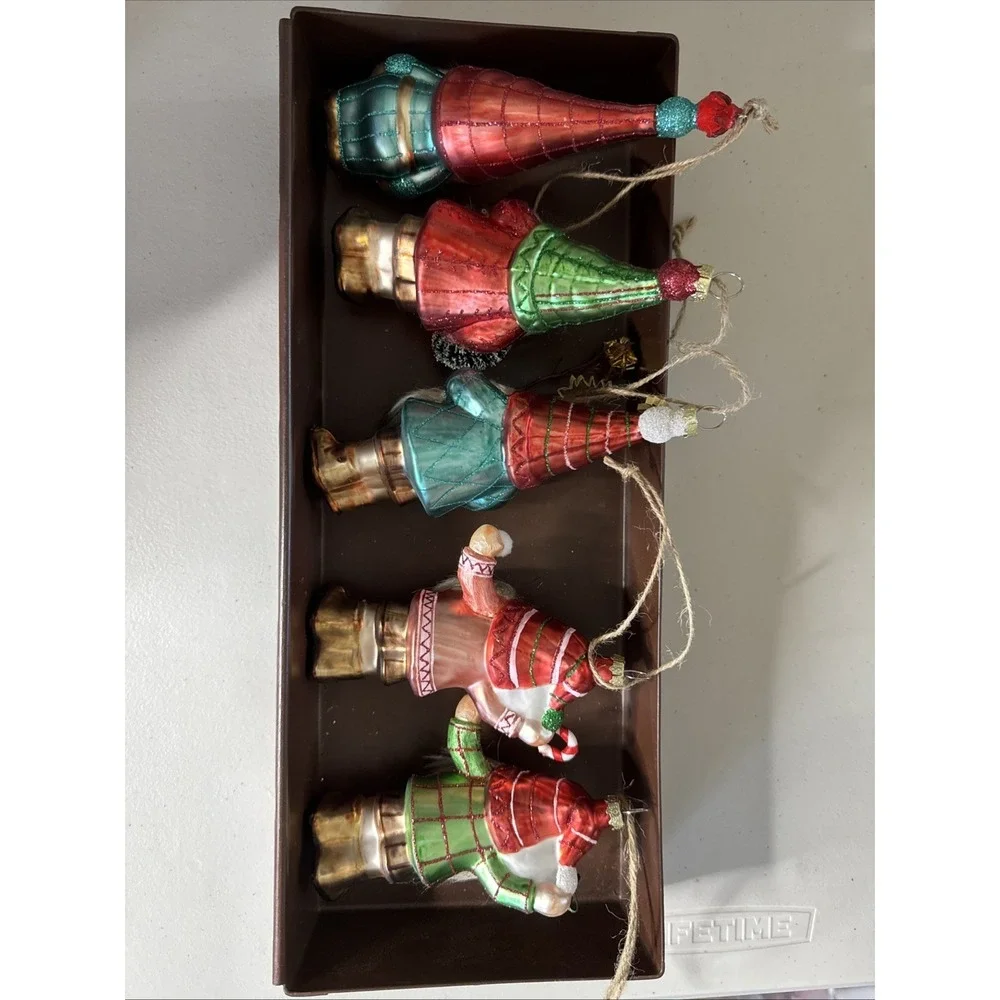 POTTERY BARN - New Mercury Glass GNOME Ornament w/ Faux Fur Beard - Set Of 5